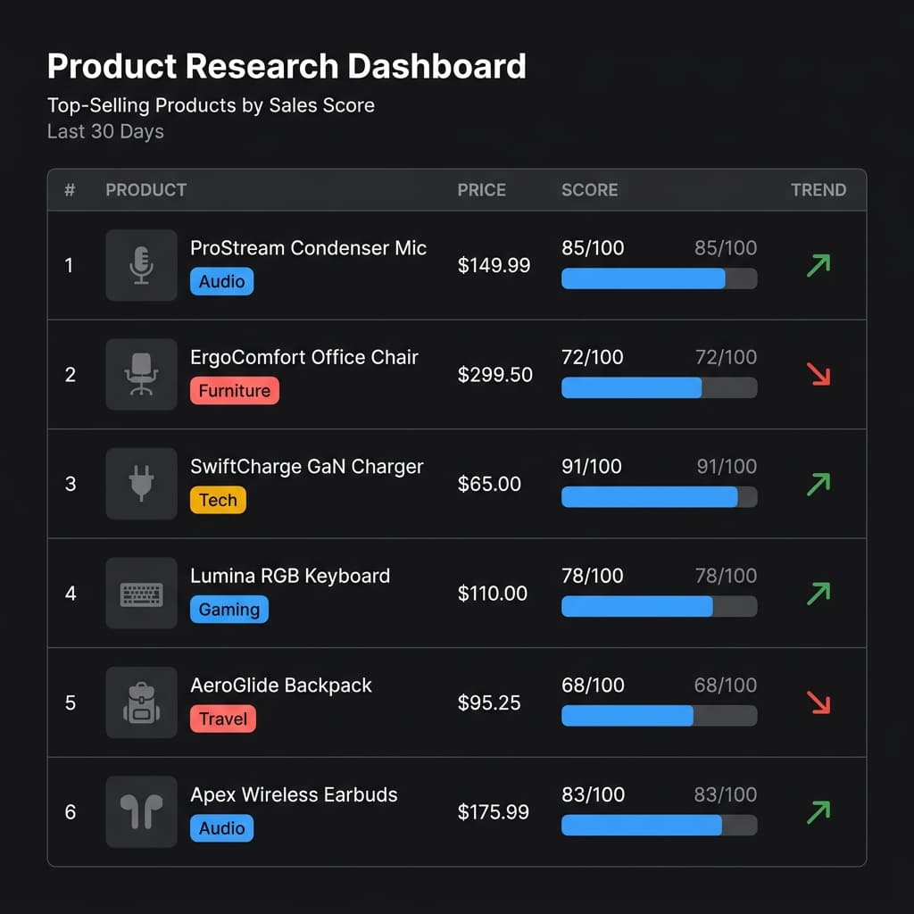 ShopXray product research dashboard showing best-selling products ranked by sales score