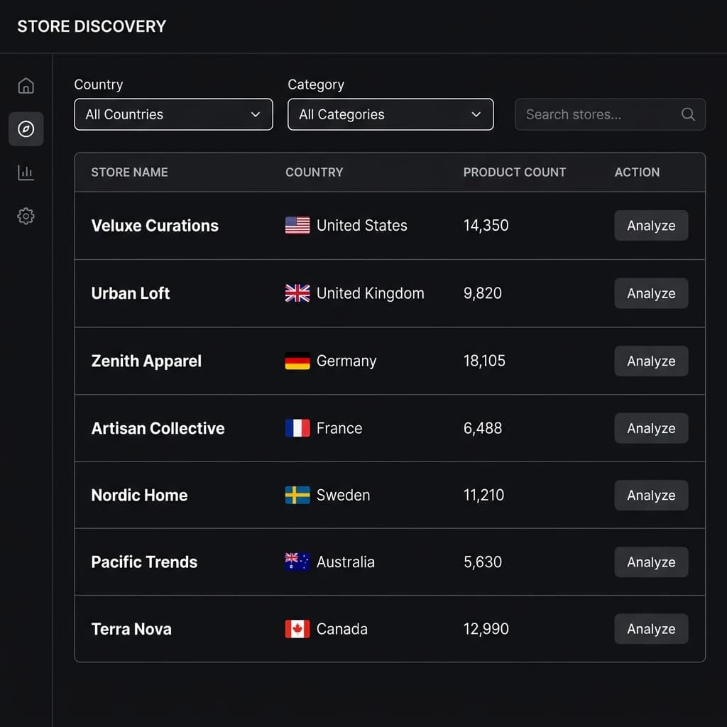 ShopXray store discovery interface with country and category filters and store results list