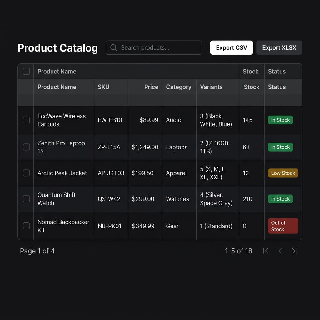 ShopXray product catalog export interface with CSV and XLSX download buttons